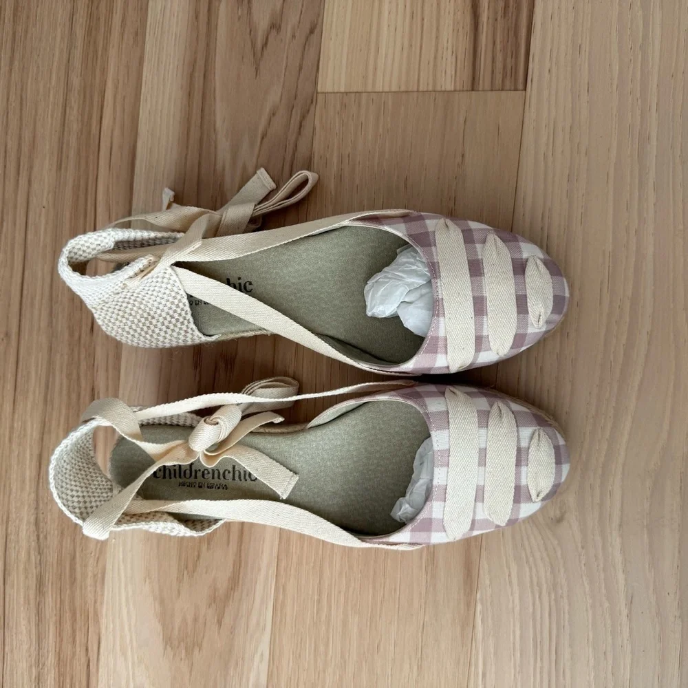Childrenchic Canvas Stylish Beige Checkered Espadrille Wedges Size 40 (US 8)